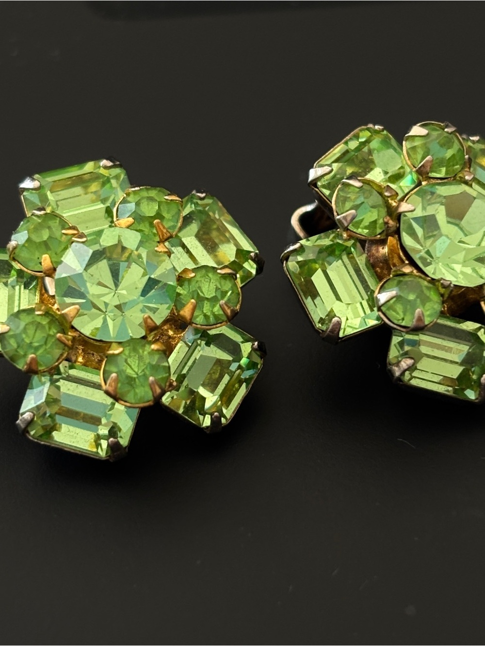 Vintage Green Crystal Floral Clip-On Earrings — Gold-Tone 1950s